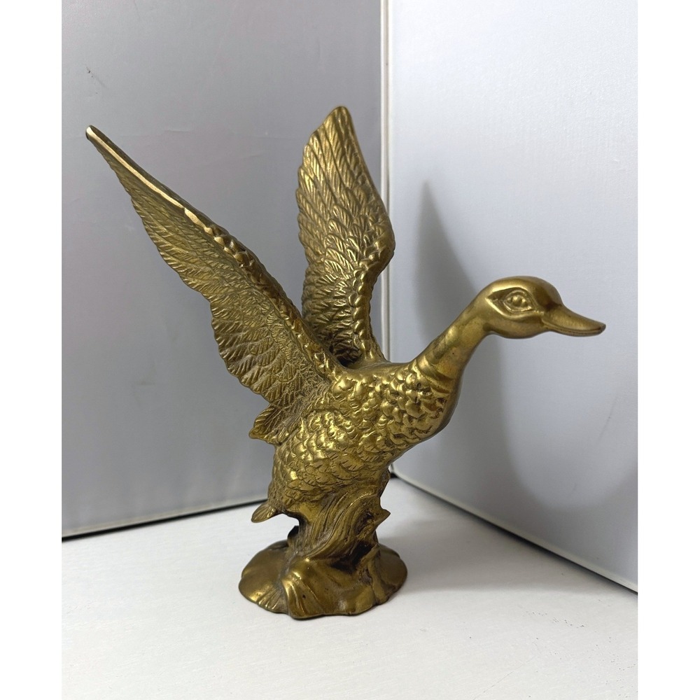 Vintage Brass Duck Figurine Flying Mallard Bird Cabin Fall Decor